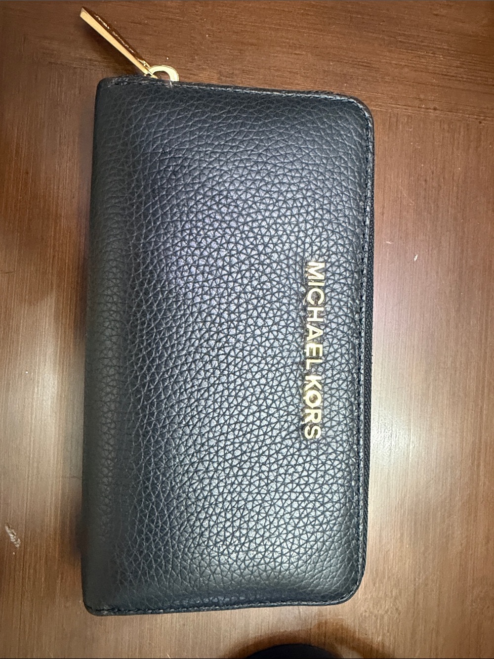 Michael Kors Black Pebbled Leather Zip-Around Wallet with Gold Hardware